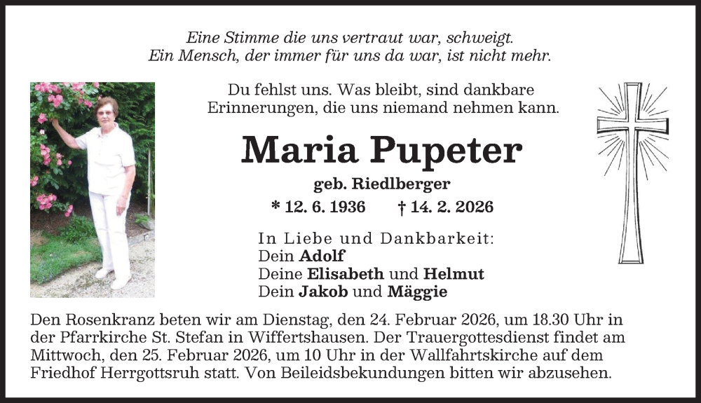  Traueranzeige für Maria Pupeter vom 21.02.2026 aus Friedberger Allgemeine