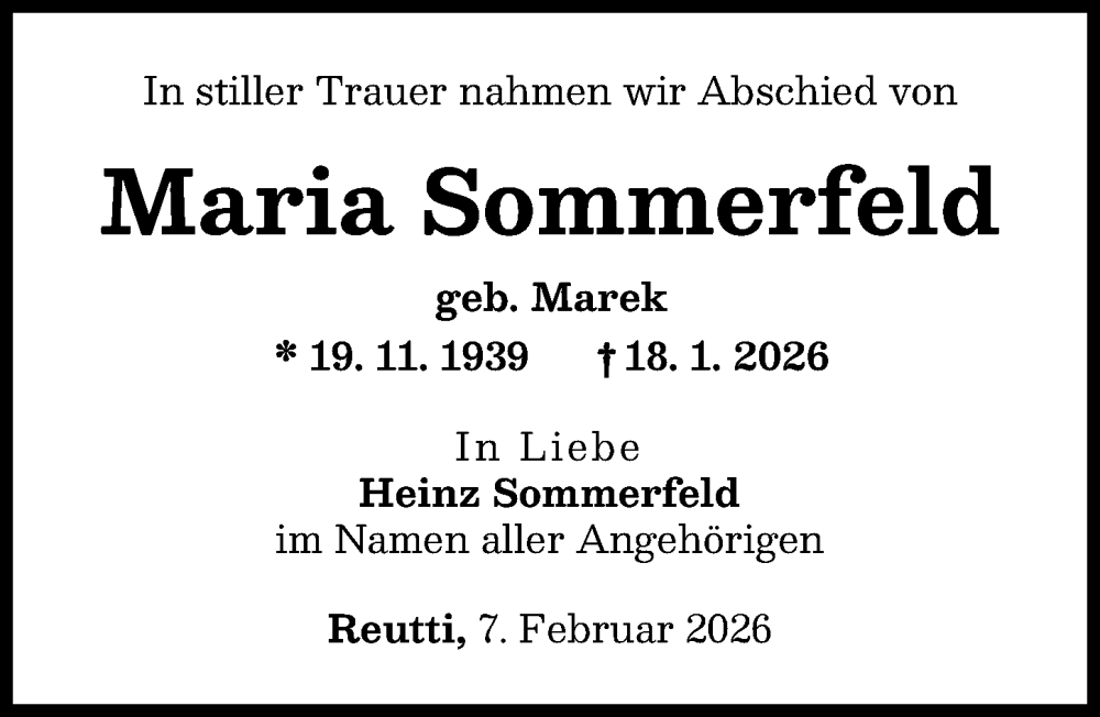  Traueranzeige für Maria Sommerfeld vom 07.02.2026 aus Neu-Ulmer Zeitung