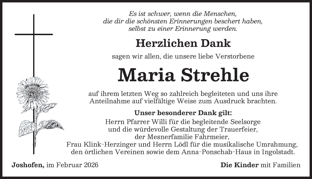Traueranzeige von Maria Strehle von Neuburger Rundschau