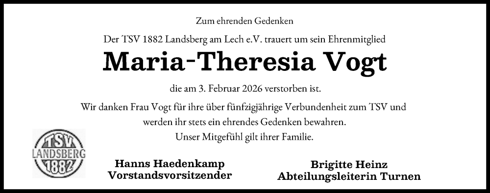  Traueranzeige für Maria-Theresia Vogt vom 10.02.2026 aus Landsberger Tagblatt