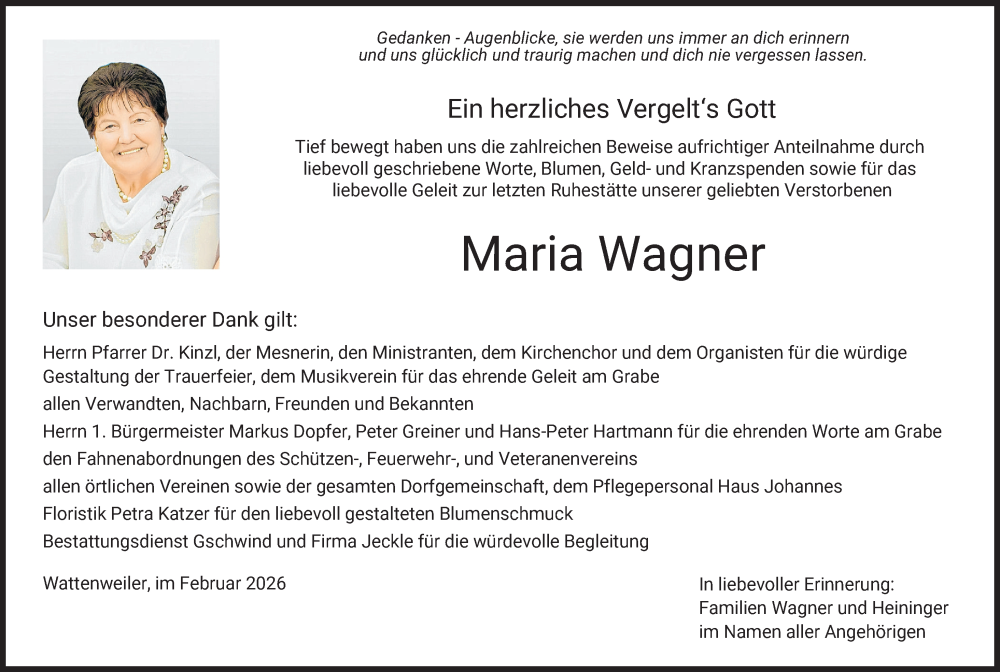  Traueranzeige für Maria Wagner vom 14.02.2026 aus Mittelschwäbische Nachrichten