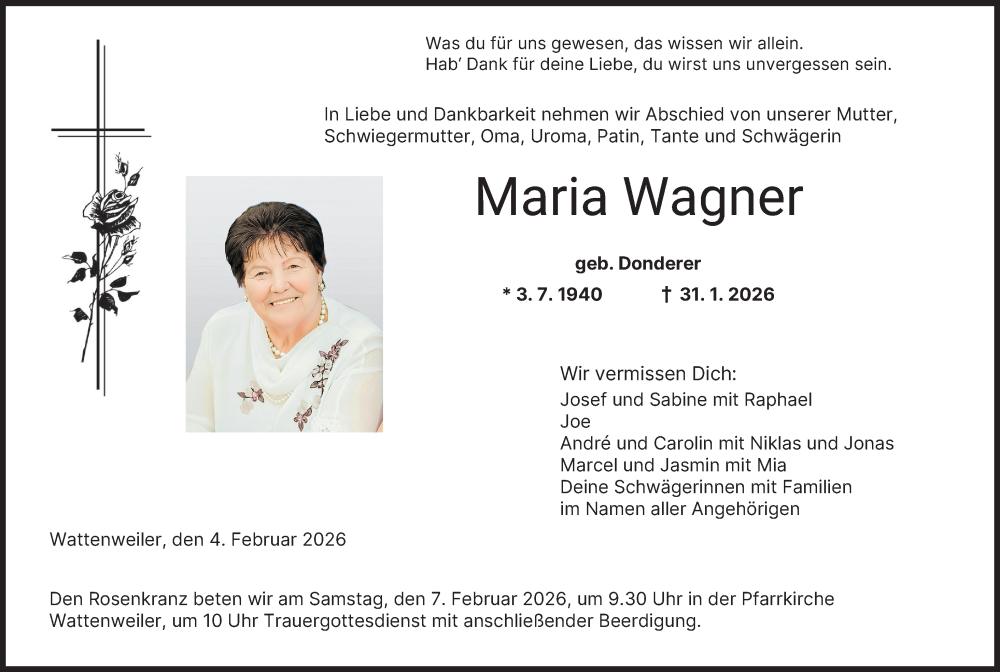  Traueranzeige für Maria Wagner vom 04.02.2026 aus Mittelschwäbische Nachrichten, Günzburger Zeitung