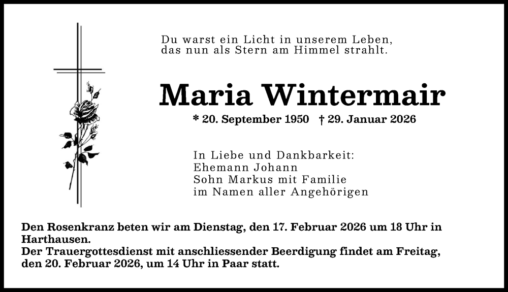  Traueranzeige für Maria Wintermair vom 14.02.2026 aus Friedberger Allgemeine