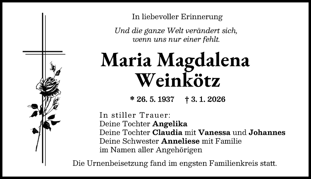  Traueranzeige für Maria Magdalena Weinkötz vom 14.02.2026 aus Friedberger Allgemeine