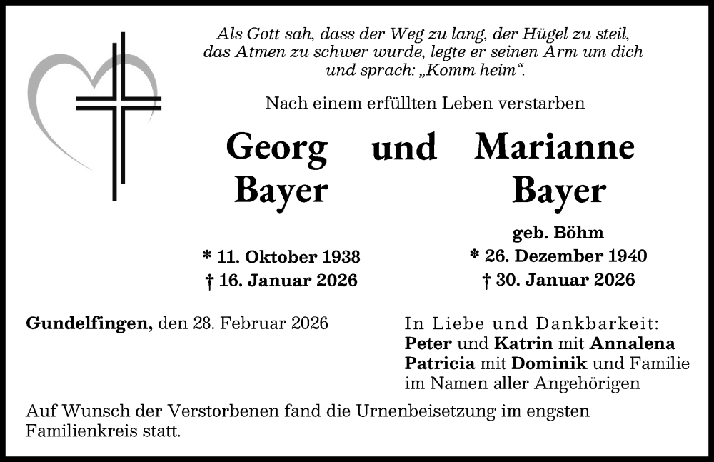  Traueranzeige für Marianne Bayer vom 28.02.2026 aus Donau Zeitung