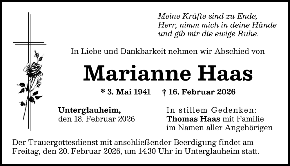  Traueranzeige für Marianne Haas vom 18.02.2026 aus Donau Zeitung