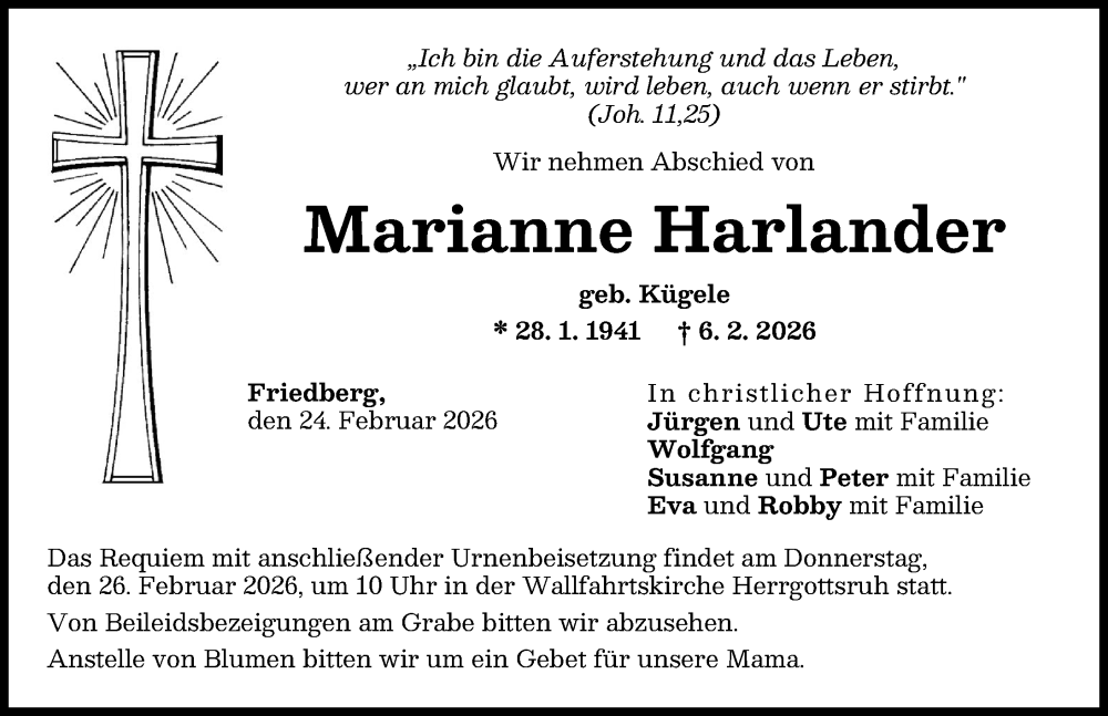  Traueranzeige für Marianne Harlander vom 24.02.2026 aus Friedberger Allgemeine