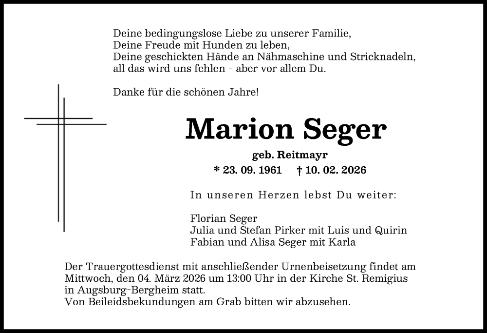  Traueranzeige für Marion Seger vom 21.02.2026 aus Augsburger Allgemeine
