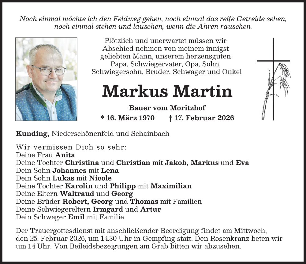  Traueranzeige für Markus Martin Bauer vom 20.02.2026 aus Neuburger Rundschau, Donauwörther Zeitung
