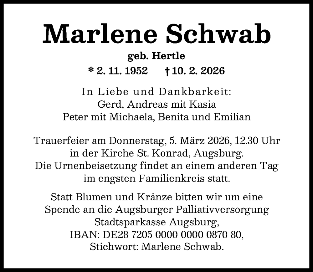  Traueranzeige für Marlene Schwab vom 28.02.2026 aus Augsburger Allgemeine