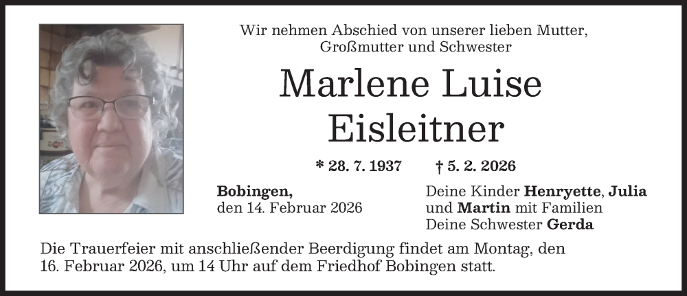  Traueranzeige für Marlene Luise Eisleitner vom 14.02.2026 aus Schwabmünchner Allgemeine