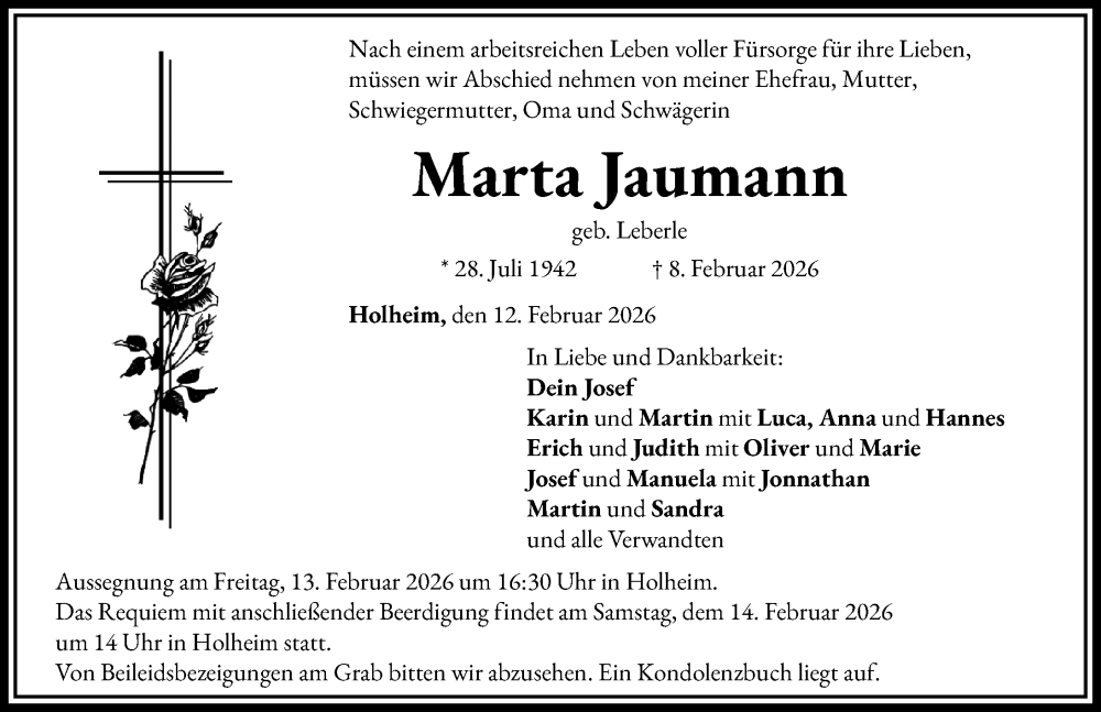  Traueranzeige für Marta Jaumann vom 12.02.2026 aus Rieser Nachrichten
