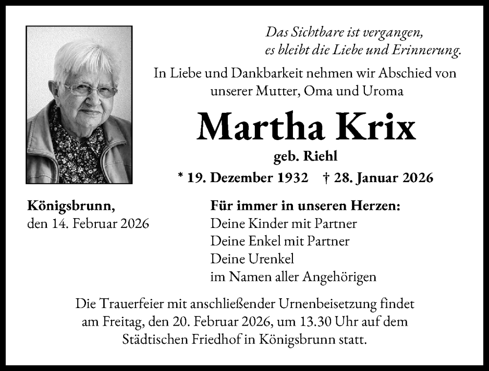  Traueranzeige für Martha Krix vom 14.02.2026 aus Schwabmünchner Allgemeine