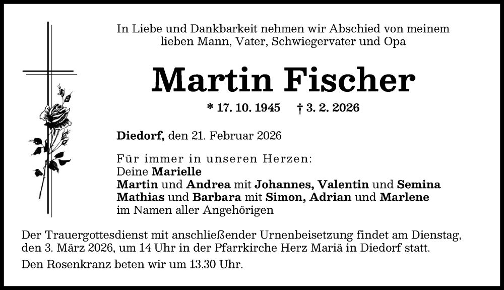  Traueranzeige für Martin Fischer vom 21.02.2026 aus Augsburger Allgemeine