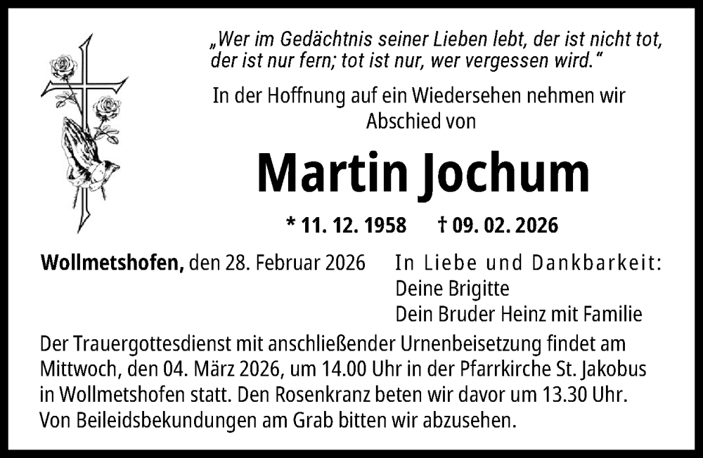 Traueranzeige für Martin Jochum vom 28.02.2026 aus Augsburger Allgemeine