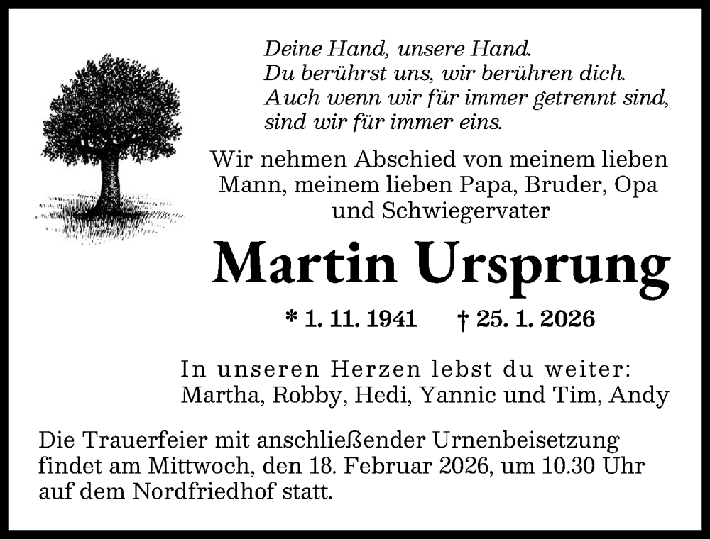  Traueranzeige für Martin Ursprung vom 14.02.2026 aus Augsburger Allgemeine
