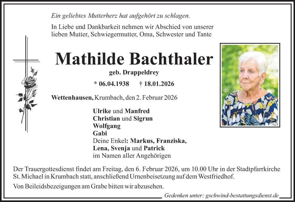  Traueranzeige für Mathilde Bachthaler vom 02.02.2026 aus Mittelschwäbische Nachrichten