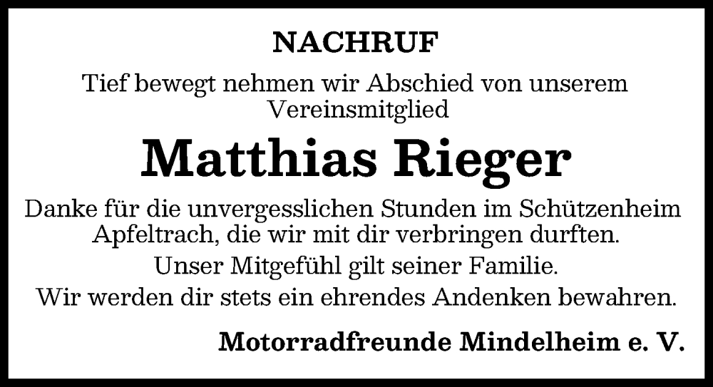  Traueranzeige für Matthias Rieger vom 27.02.2026 aus Mindelheimer Zeitung
