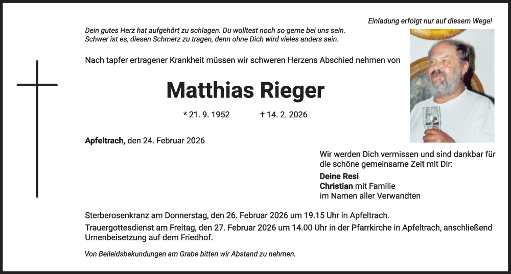  Traueranzeige für Matthias Rieger vom 24.02.2026 aus Mindelheimer Zeitung
