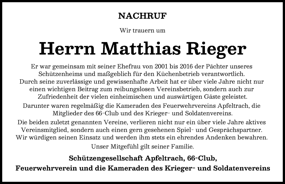 Traueranzeige von Matthias Rieger von Mindelheimer Zeitung