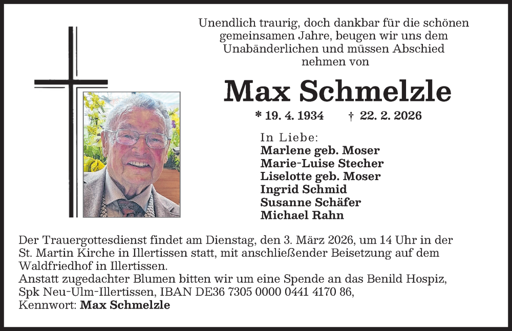 Traueranzeige von Max Schmelzle von Illertisser Zeitung