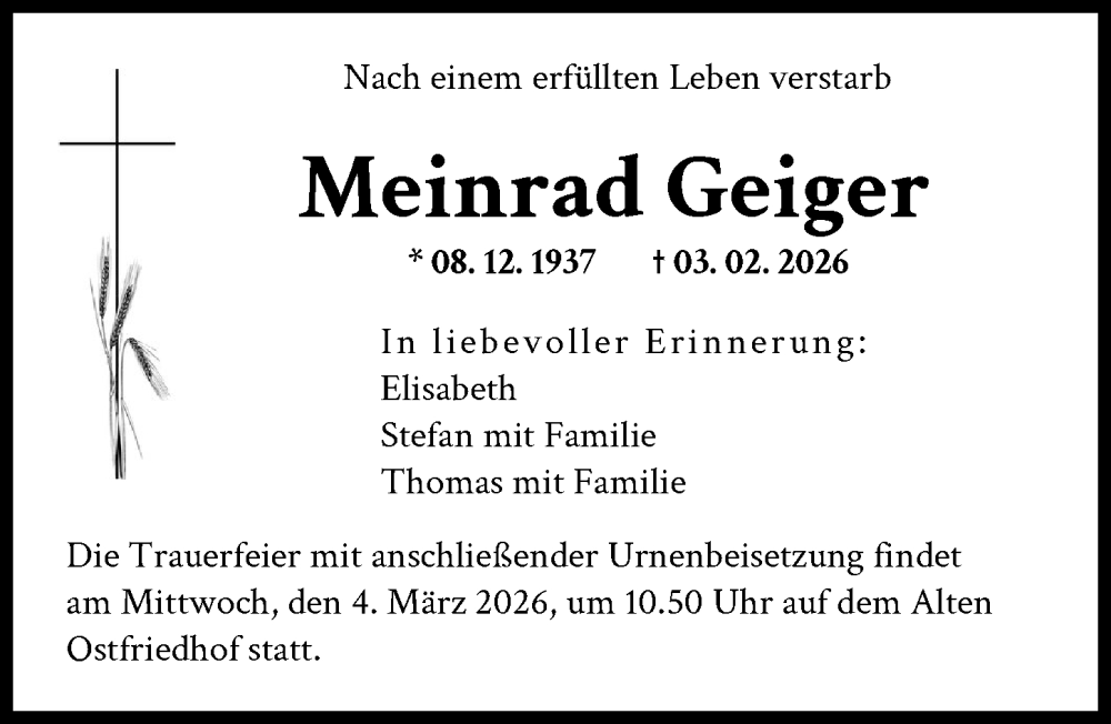  Traueranzeige für Meinrad Geiger vom 28.02.2026 aus Augsburger Allgemeine