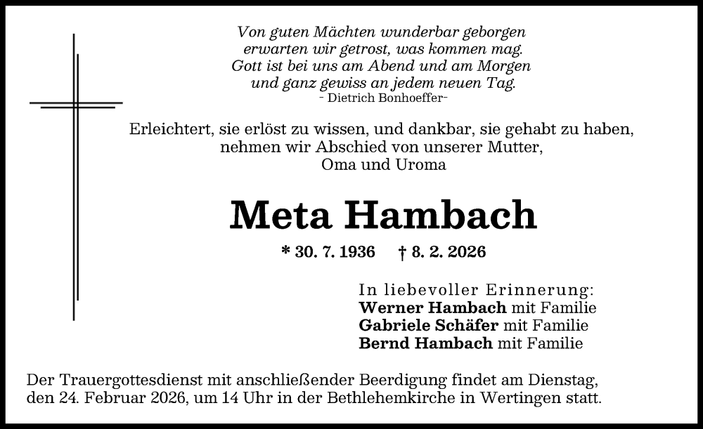  Traueranzeige für Meta Hambach vom 21.02.2026 aus Wertinger Zeitung