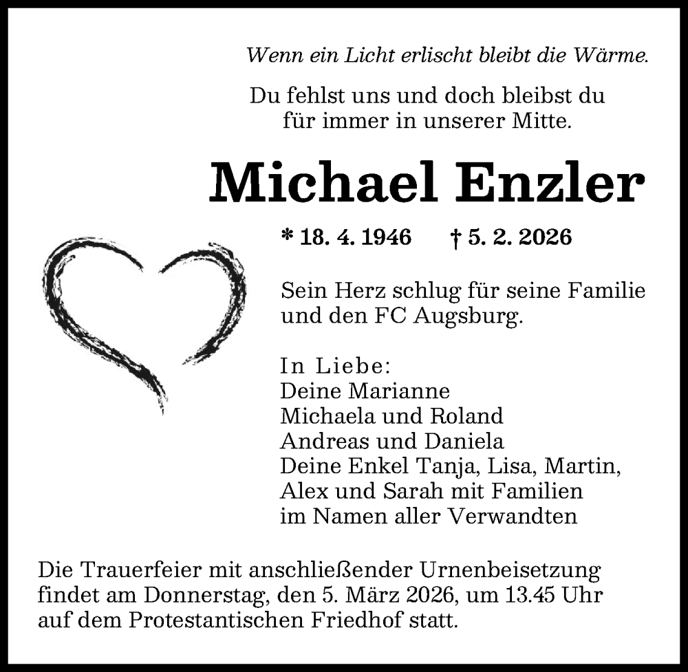  Traueranzeige für Michael Enzler vom 28.02.2026 aus Augsburger Allgemeine