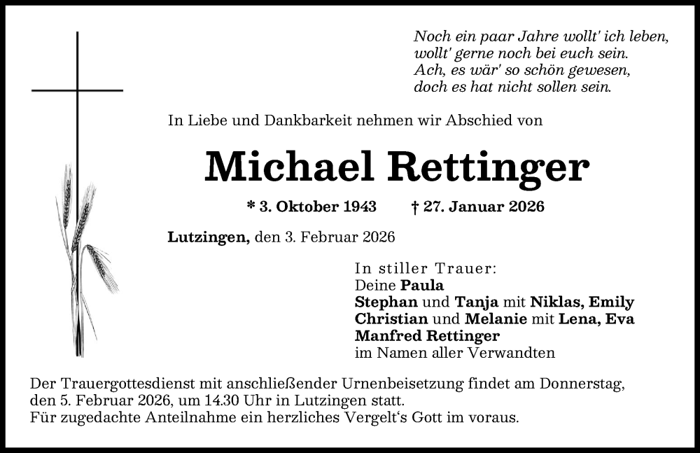  Traueranzeige für Michael Rettinger vom 03.02.2026 aus Donau Zeitung