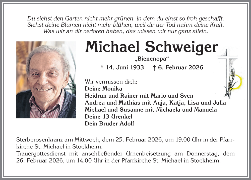  Traueranzeige für Michael Schweiger vom 21.02.2026 aus Mindelheimer Zeitung
