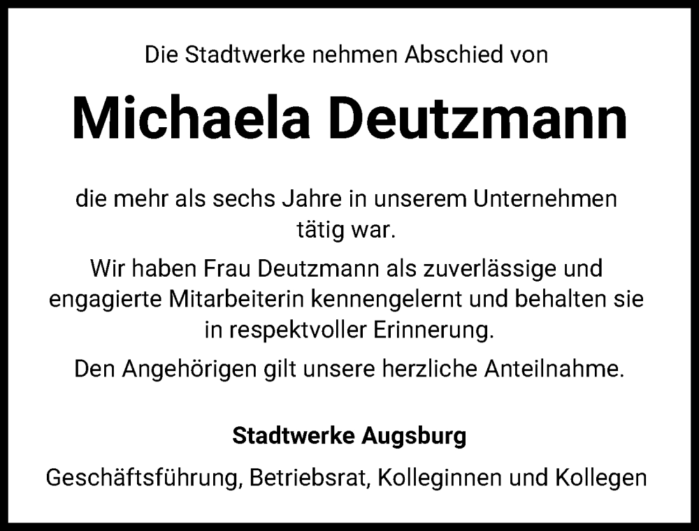  Traueranzeige für Michaela Deutzmann vom 14.02.2026 aus Augsburger Allgemeine