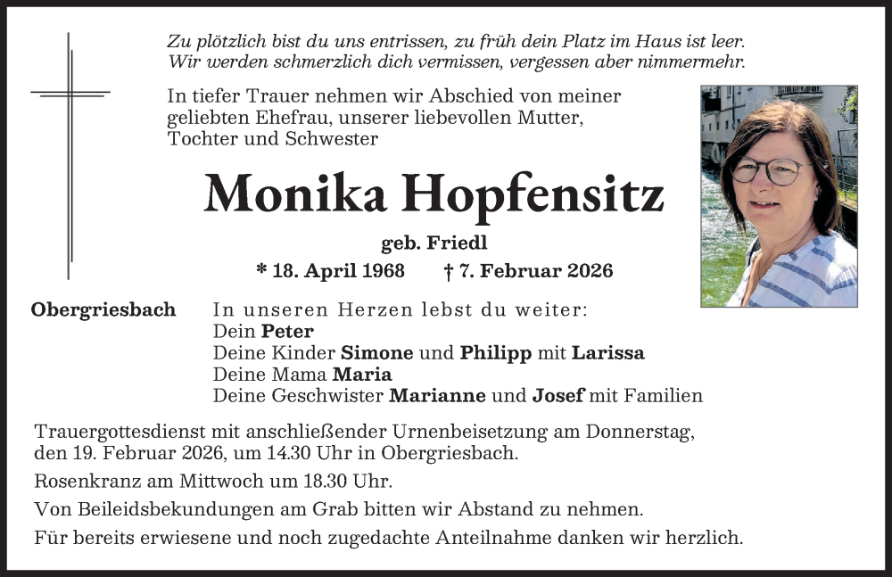  Traueranzeige für Monika Hopfensitz vom 14.02.2026 aus Aichacher Nachrichten