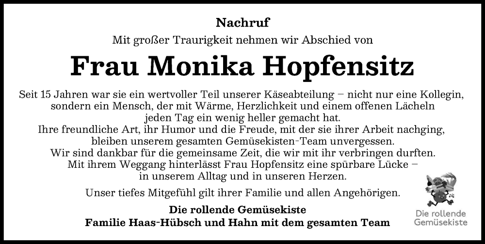  Traueranzeige für Monika Hopfensitz vom 14.02.2026 aus Aichacher Nachrichten