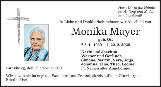 Traueranzeige von Monika Mayer von Günzburger Zeitung
