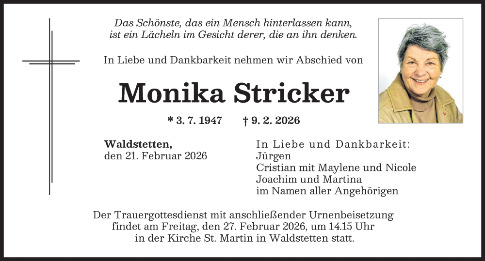  Traueranzeige für Monika Stricker vom 21.02.2026 aus Günzburger Zeitung