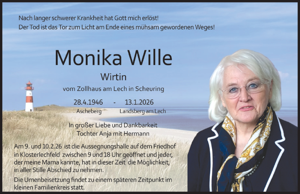  Traueranzeige für Monika Wille vom 07.02.2026 aus Schwabmünchner Allgemeine, Landsberger Tagblatt