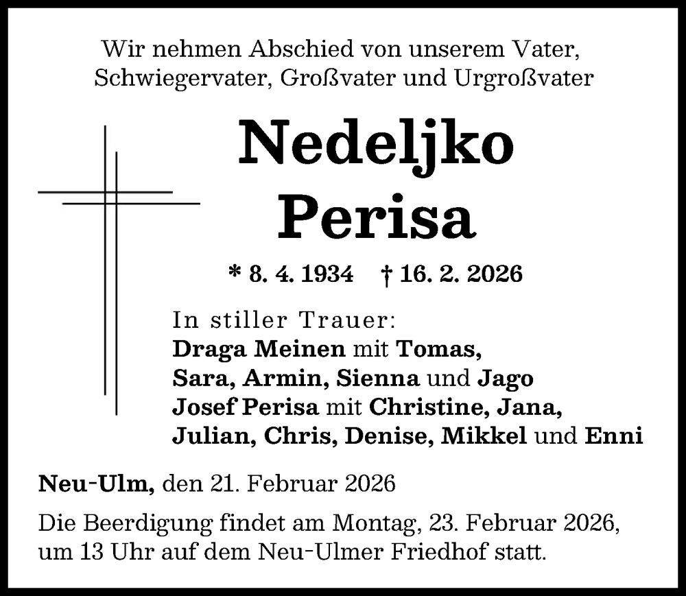  Traueranzeige für Nedeljko Perisa vom 21.02.2026 aus Neu-Ulmer Zeitung, Augsburger Allgemeine