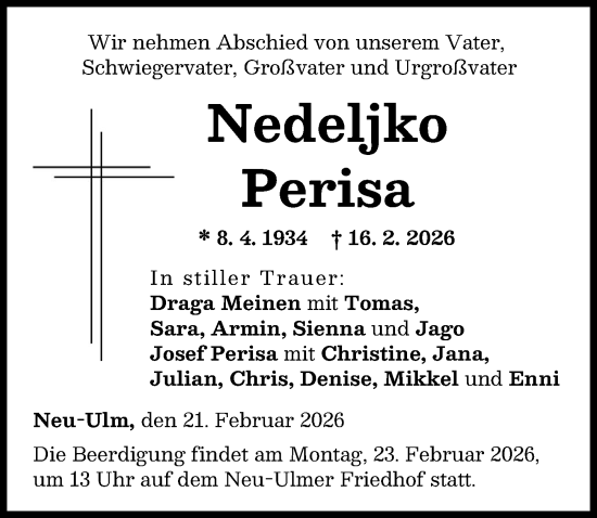 Traueranzeige von Nedeljko Perisa von Neu-Ulmer Zeitung, Augsburger Allgemeine