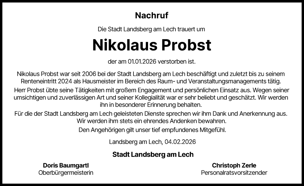  Traueranzeige für Nikolaus Probst vom 04.02.2026 aus Landsberger Tagblatt