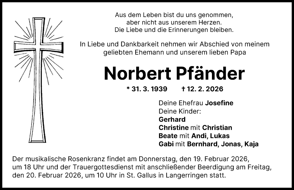  Traueranzeige für Norbert Pfänder vom 17.02.2026 aus Schwabmünchner Allgemeine