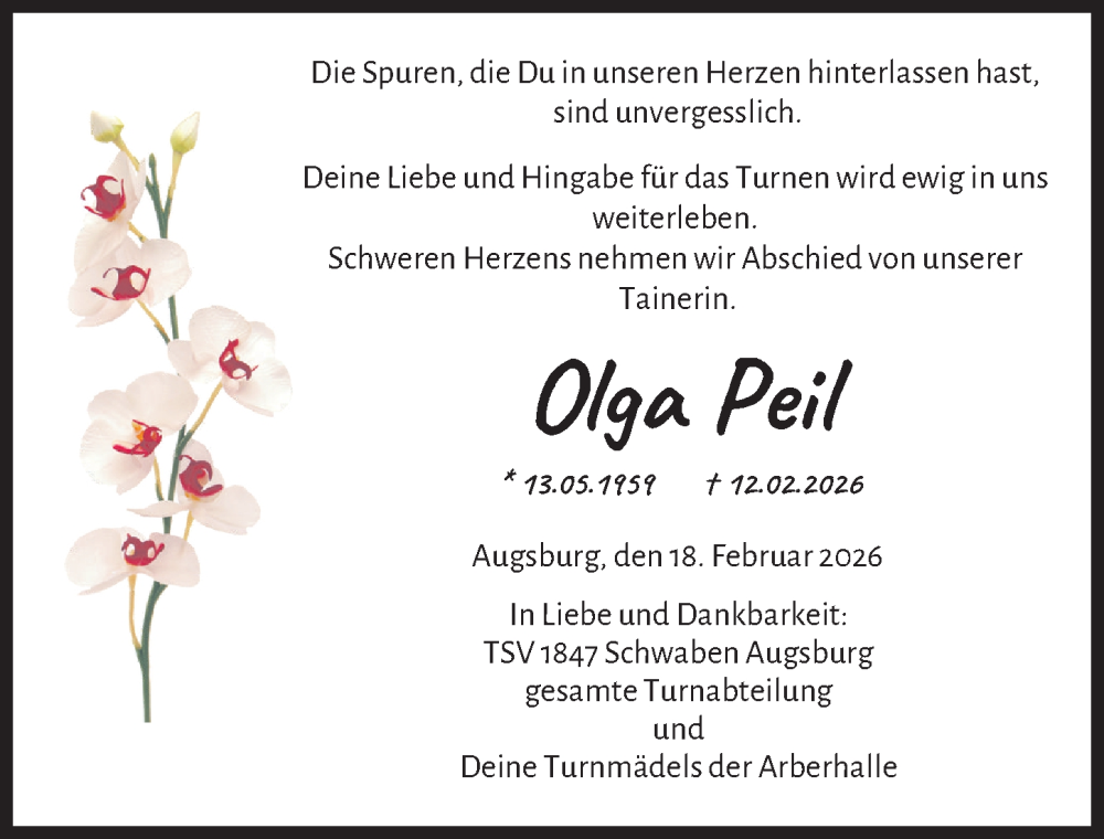  Traueranzeige für Olga Peil vom 21.02.2026 aus Augsburger Allgemeine