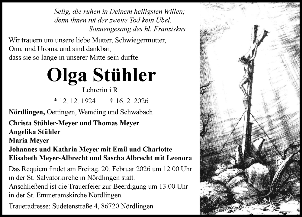  Traueranzeige für Olga Stühler vom 19.02.2026 aus Rieser Nachrichten