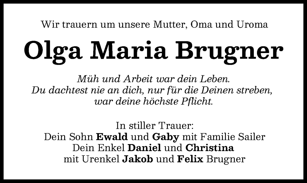 Traueranzeige von Olga Maria Brugner von Mindelheimer Zeitung