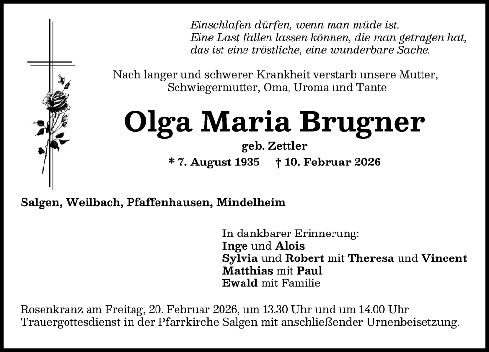  Traueranzeige für Olga Maria Brugner vom 18.02.2026 aus Mindelheimer Zeitung