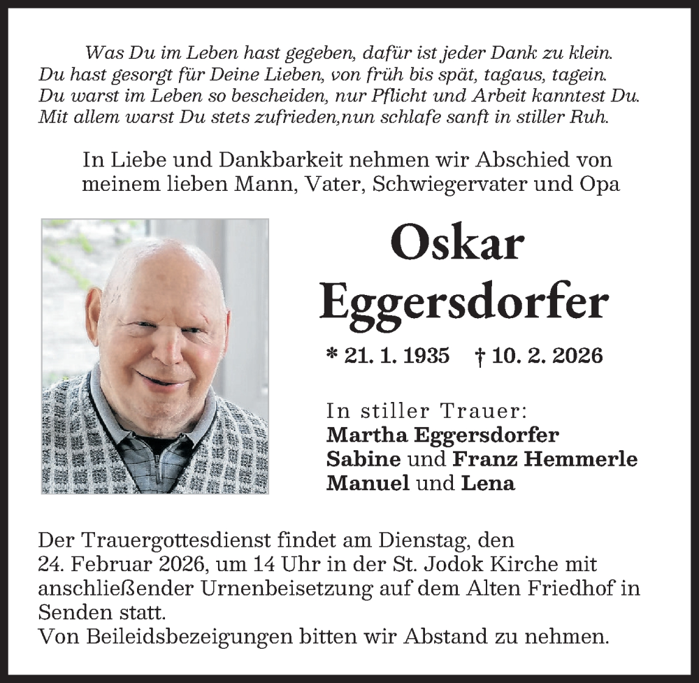  Traueranzeige für Oskar Eggersdorfer vom 14.02.2026 aus Neu-Ulmer Zeitung