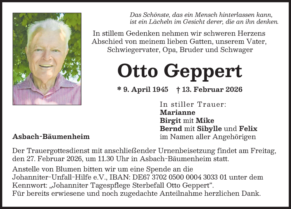  Traueranzeige für Otto Geppert vom 23.02.2026 aus Donauwörther Zeitung