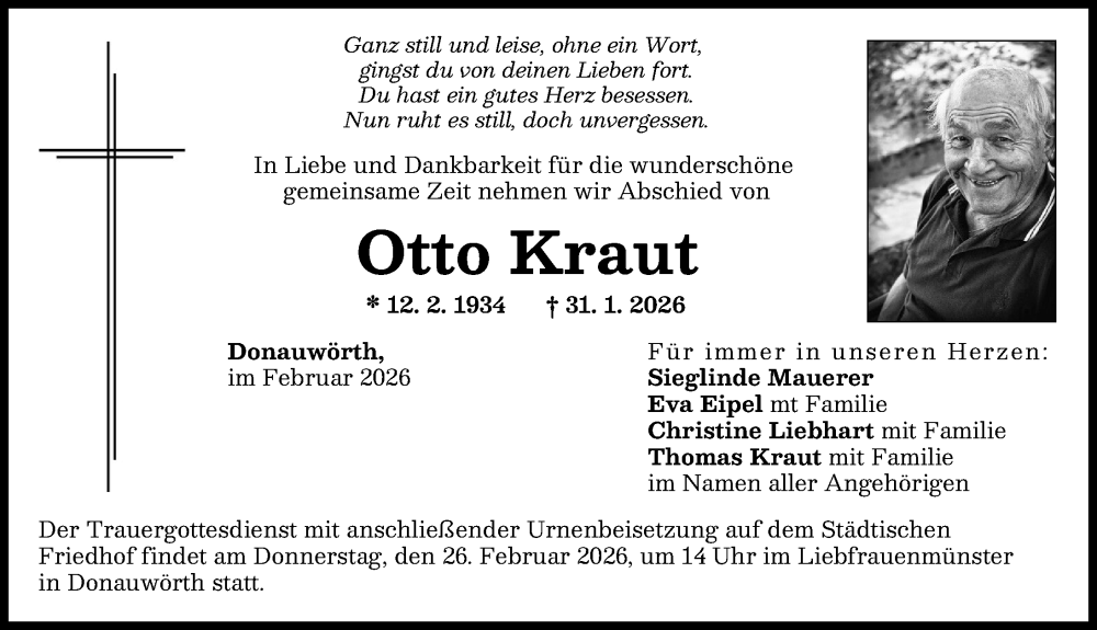 Traueranzeige für Otto Kraut vom 21.02.2026 aus Donauwörther Zeitung