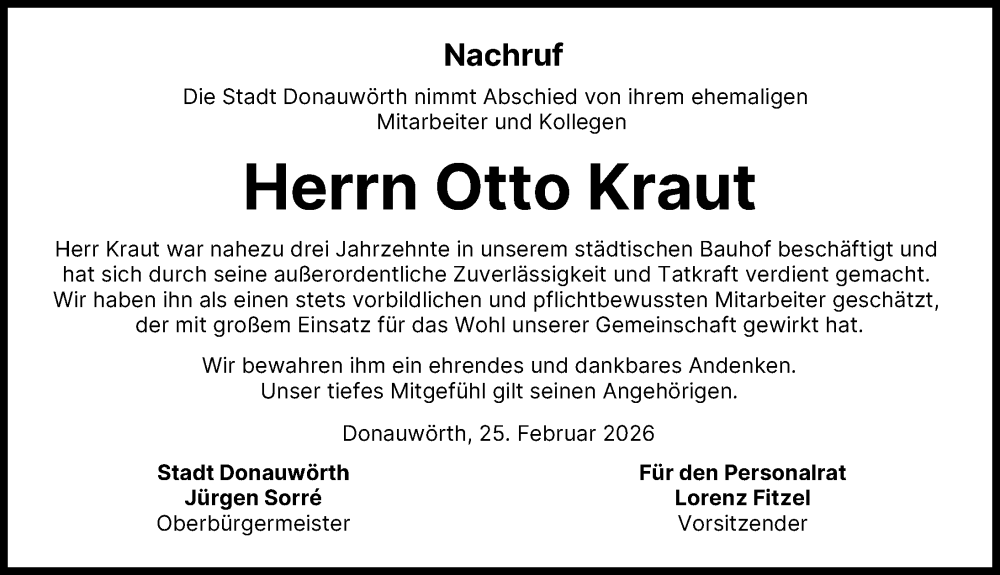 Traueranzeige von Otto Kraut von Donauwörther Zeitung