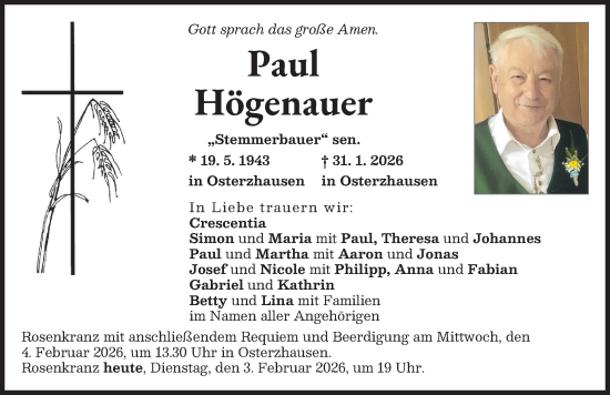 Traueranzeige von Paul Högenauer von Aichacher Nachrichten