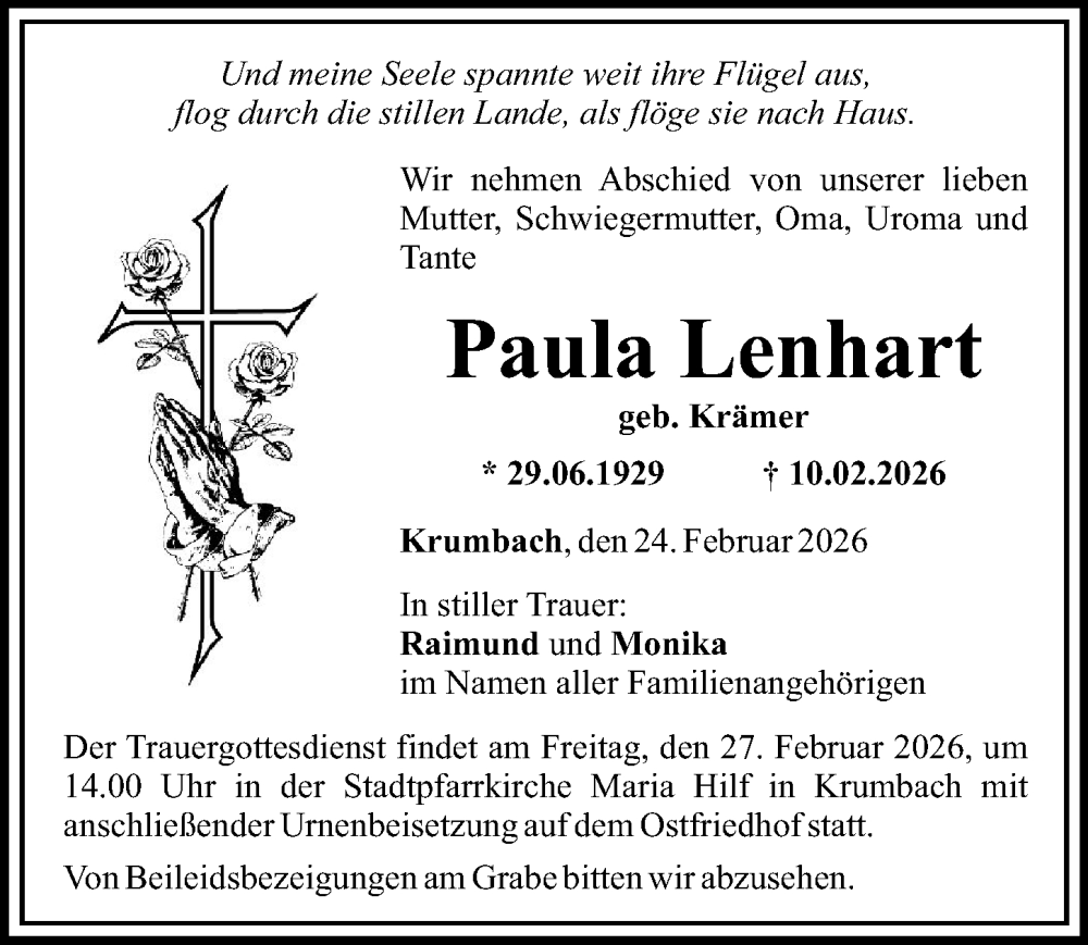  Traueranzeige für Paula Lenhart vom 24.02.2026 aus Mittelschwäbische Nachrichten
